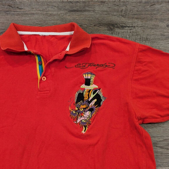 vintage Y2K Ed Hardy by Christian Audigan Red Embroidered Polo Men's XXL - Picture 4 of 10